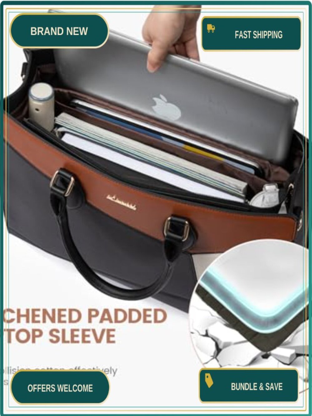 Waterproof PU Leather Laptop Tote Bag Fits 15.6in, Work Shoulder Handbag with - Picture 4 of 5